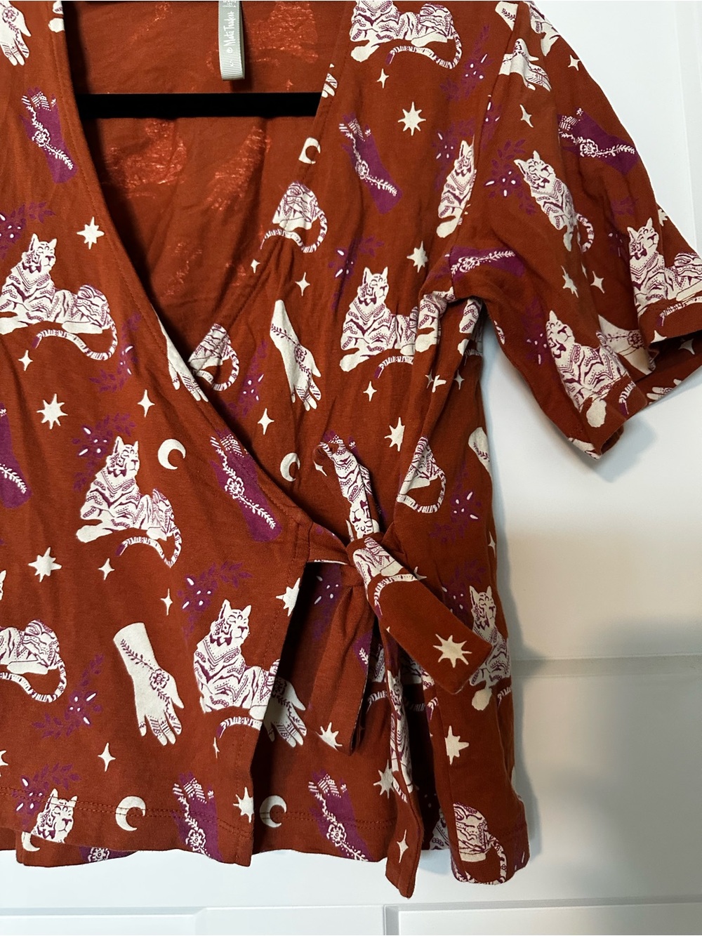 Mata Traders Rust Wrap Top with Cat & Celestial Print